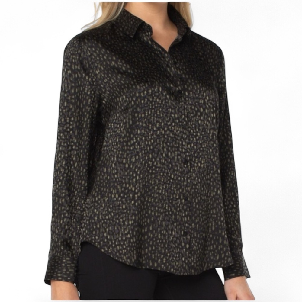 Liverpool Los Angeles Animal Print Button Up Woven Blouse Black Green Size Small